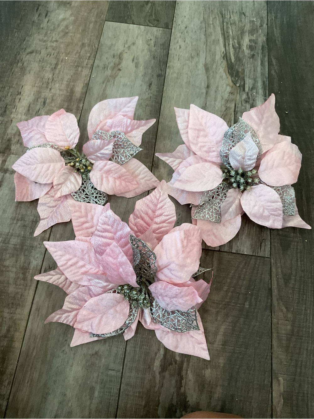 Pink Glitter Poinsettia Holiday Floral Sprigs - Set of 3